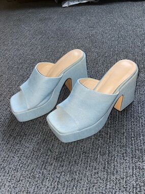 Platform Mule Heels in Light Blue - Women's Slide Sandals
